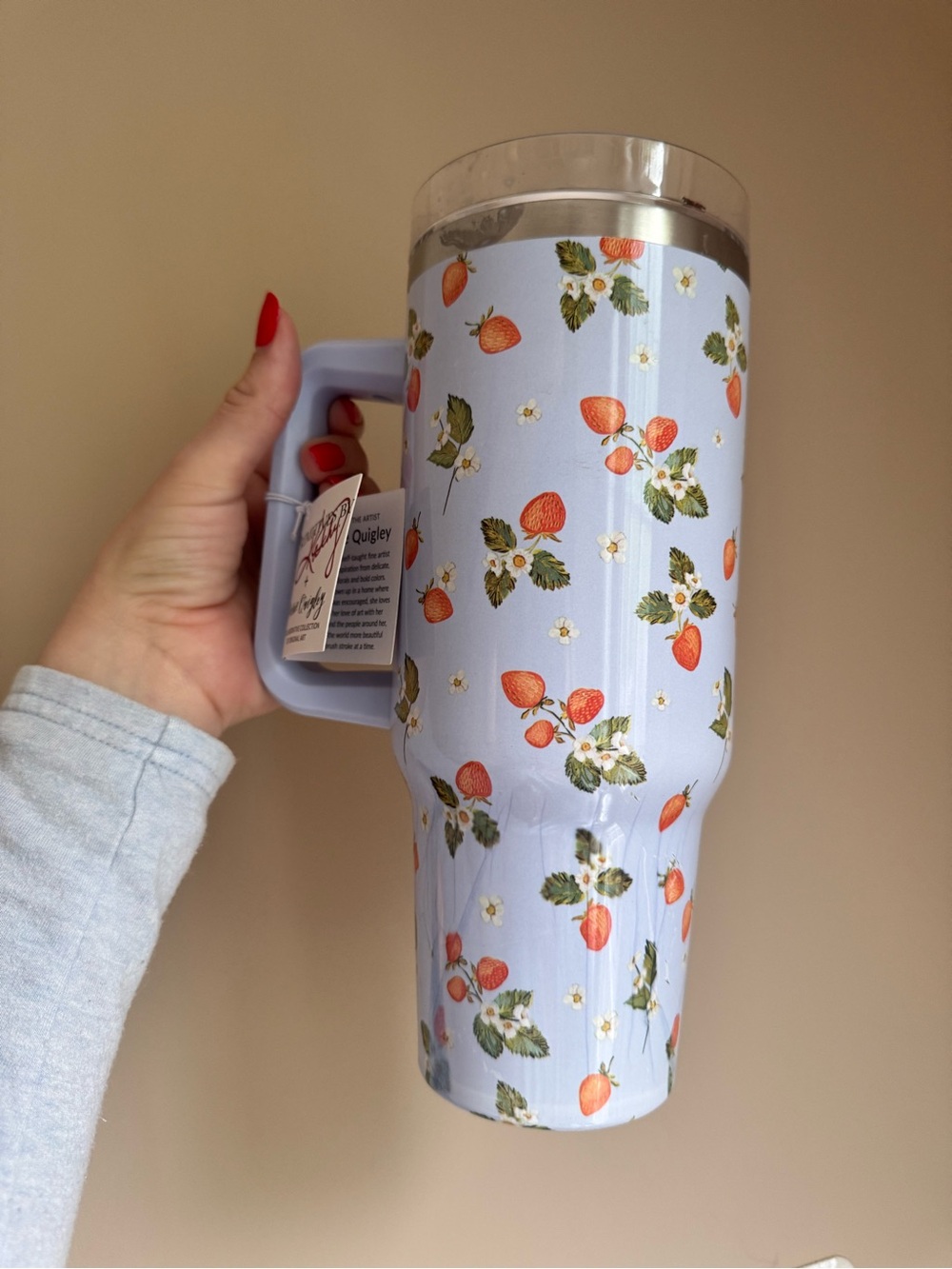 Strawberry Print Light Blue Travel Tumbler with Handle